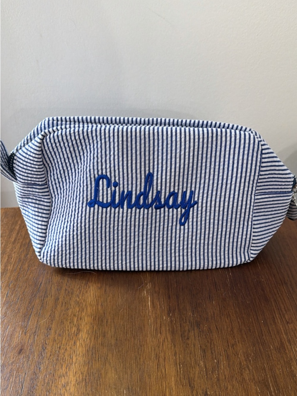 Personalized Striped Navy Toiletry Bag - Lindsay